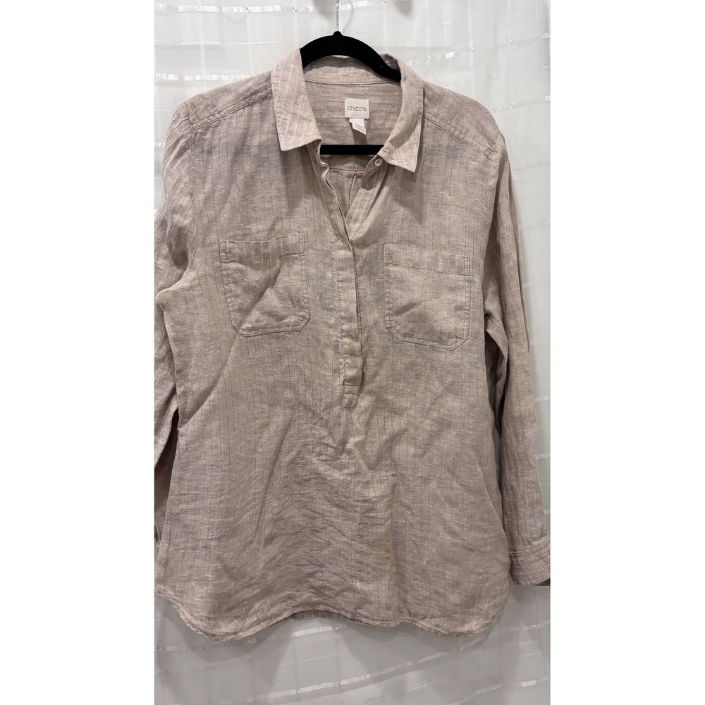 Chico's 100% Linen Striped Tunic Shirt Beige Roll Tab Sleeve Women's Size 2 L